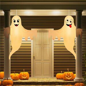 2 Pcs Halloween Porch Decoration Cute Ghost Decoration, with Timer and LED